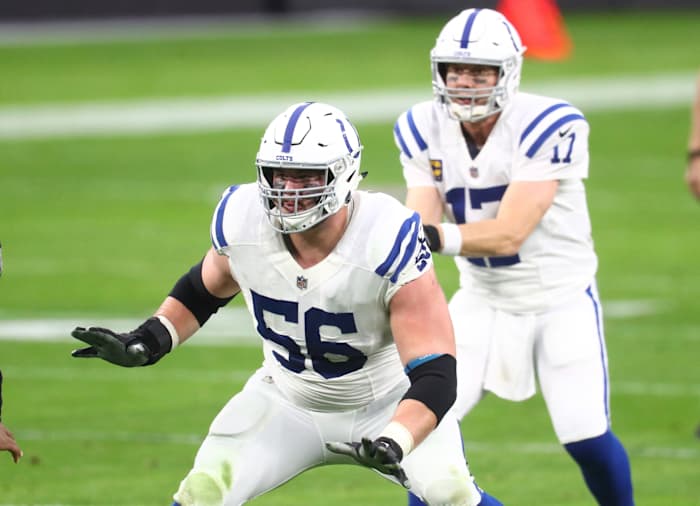 Indianapolis Colts left guard Quenton Nelson (56) blocks for quarterback Philip Rivers during a game at Las Vegas.